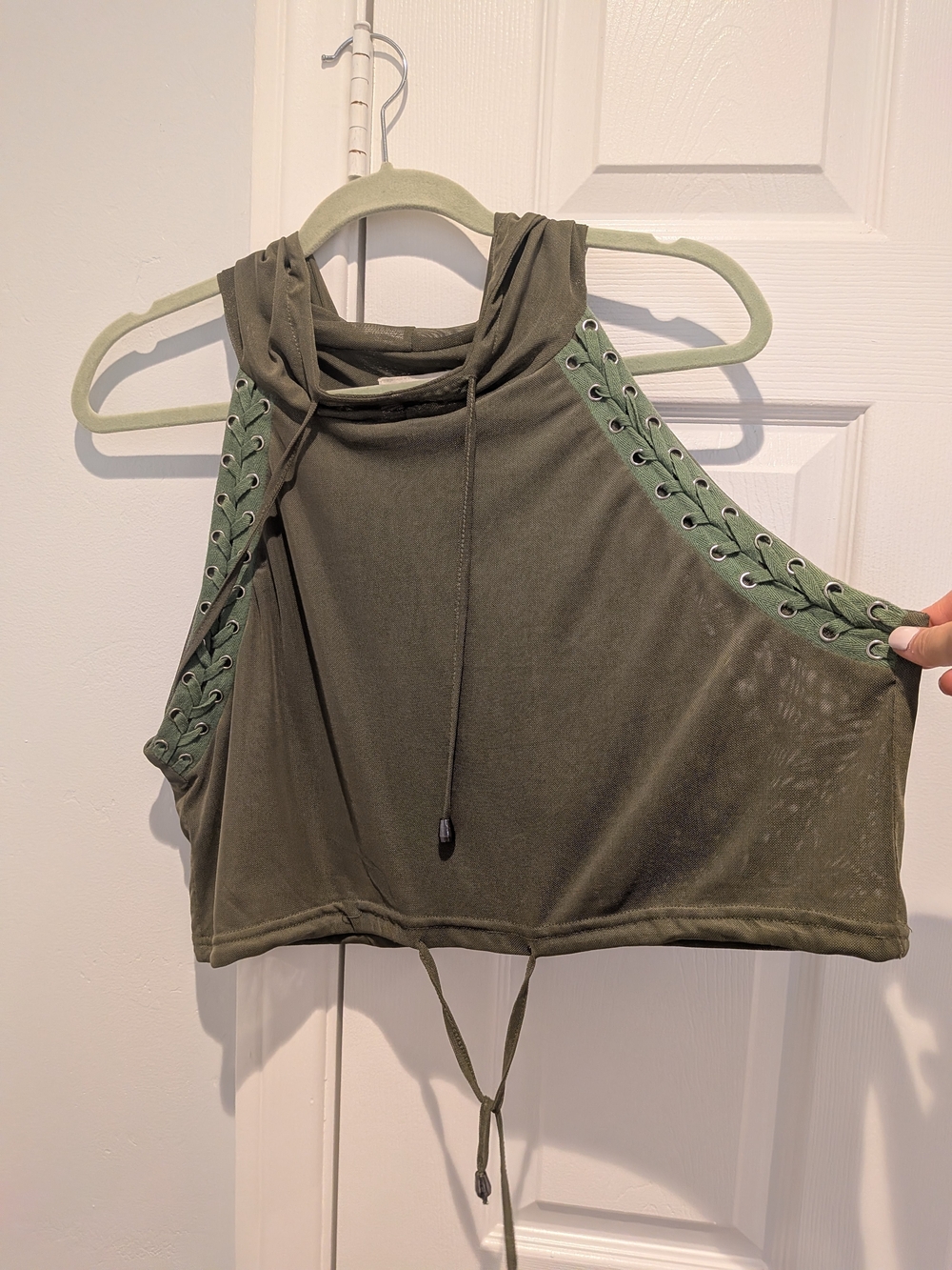 Olive Green, Hooded Crop Top With Drawstring Underbust